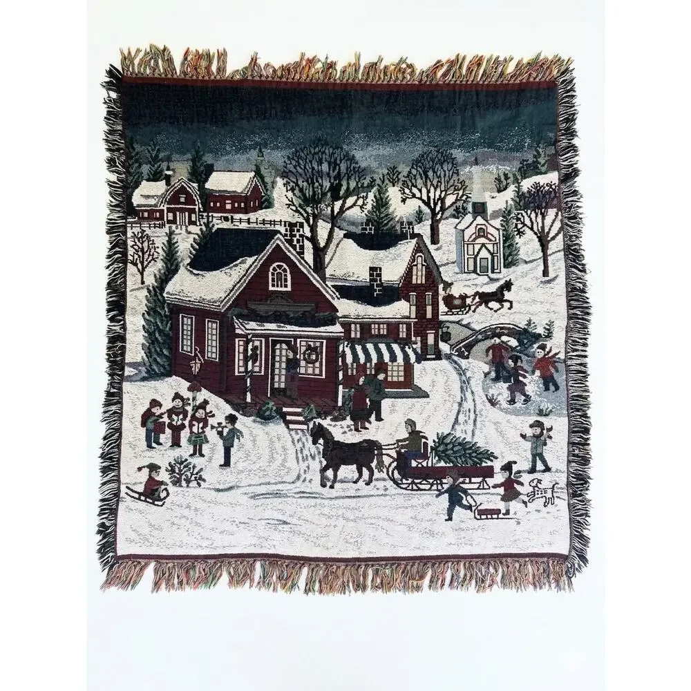 Vintage Christmas Woven Throw Blanket Winter Village Tapestry Fringe 47x53